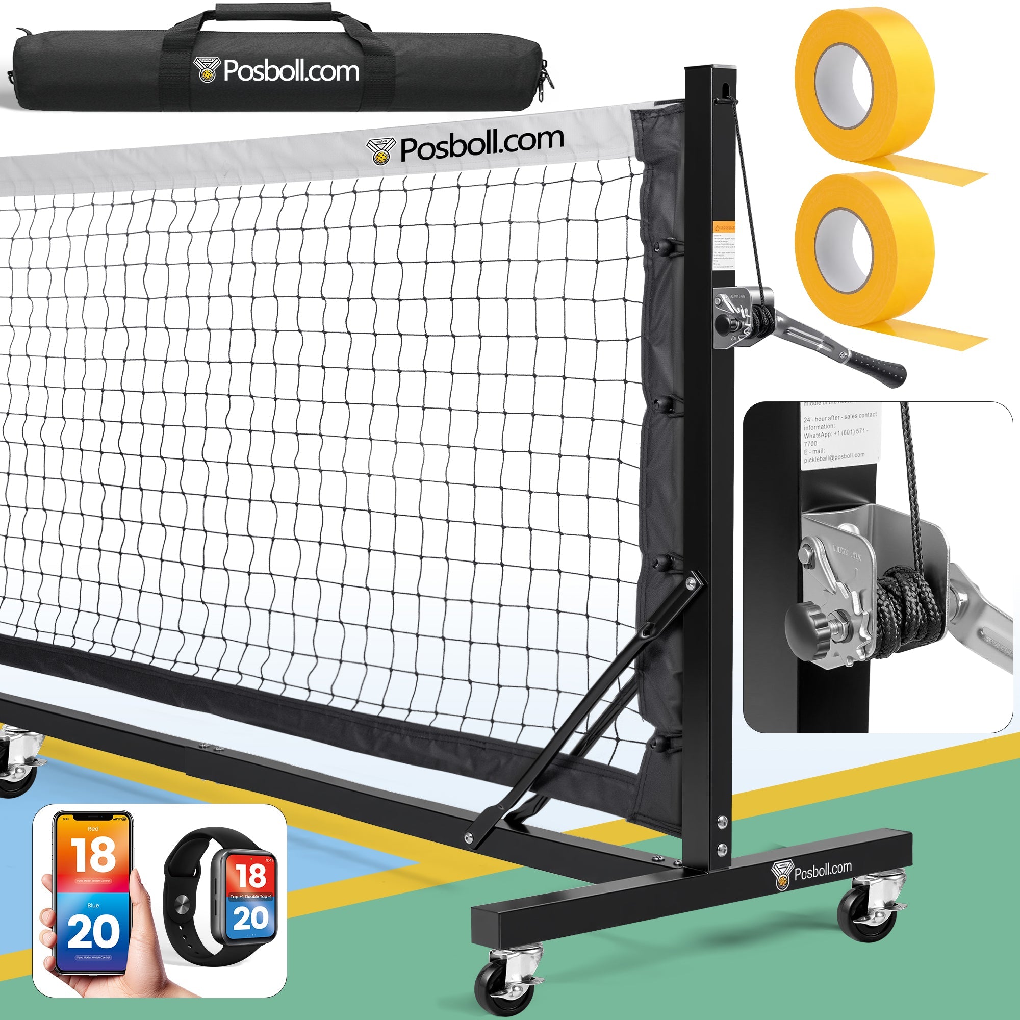 Heavy Duty Portable Pickleball Net with Steel Cable Tensioning System, 22ft - Easy Movement - Posboll store