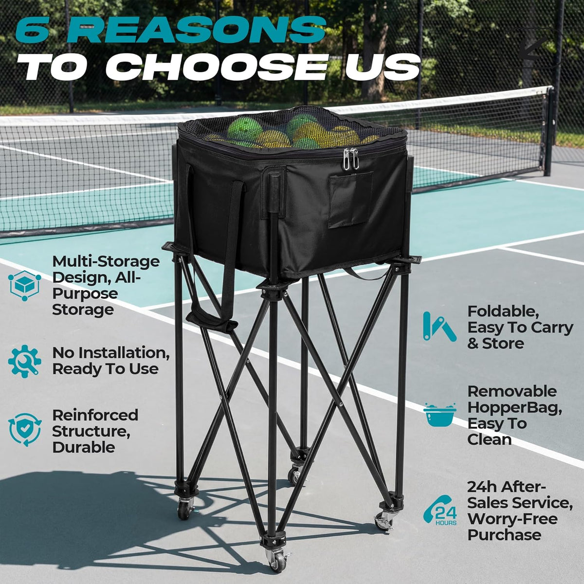Pickleball Cart With Wheels, Foldable Tennis Ball Hopper Basket, Lightweight Ball Caddy With Zippered Mesh Lid, Portable Sports Ball Storage For Outdoor Court, Home Training, Kids Youth Adults - Posboll store