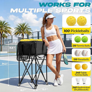 Pickleball Cart With Wheels, Foldable Tennis Ball Hopper Basket, Lightweight Ball Caddy With Zippered Mesh Lid, Portable Sports Ball Storage For Outdoor Court, Home Training, Kids Youth Adults - Posboll store