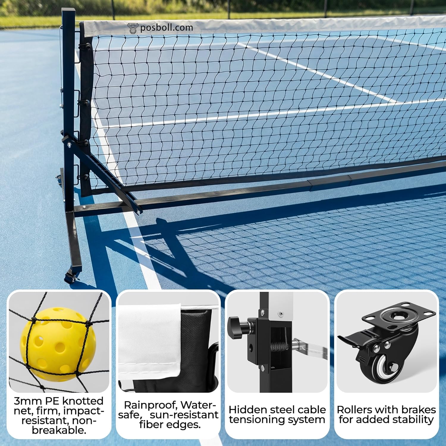 22ft Portable Pickleball Net with Steel Cable Tensioning System - Easy Movement - Posboll store