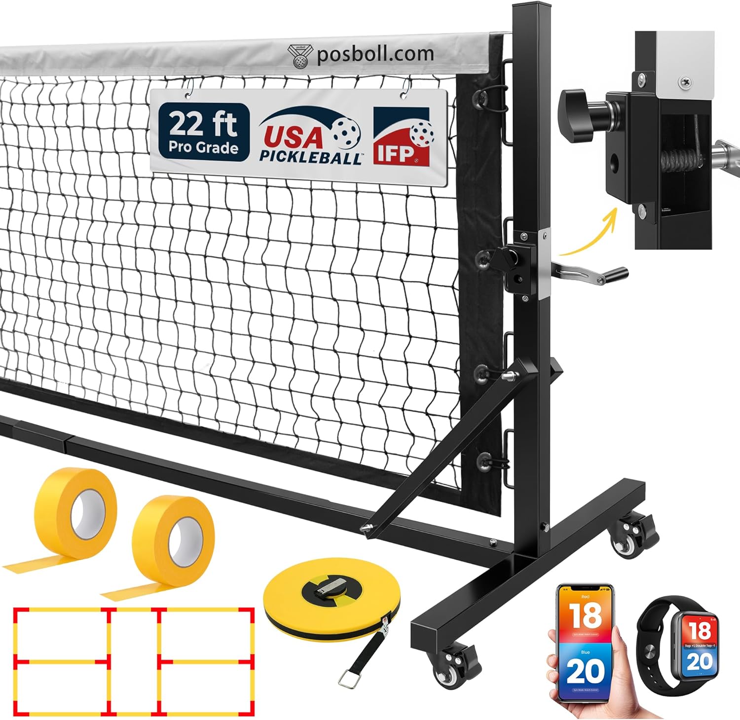 22ft Portable Pickleball Net with Steel Cable Tensioning System - Easy Movement - Posboll store