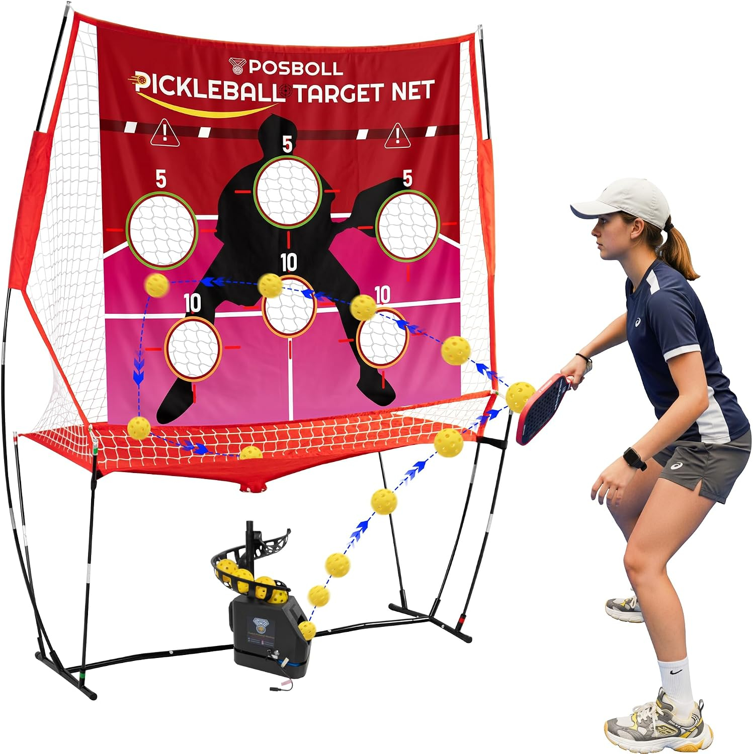 Posboll Pickleball Machine Ball Thrower Tennis Ball Machine with Catch Net