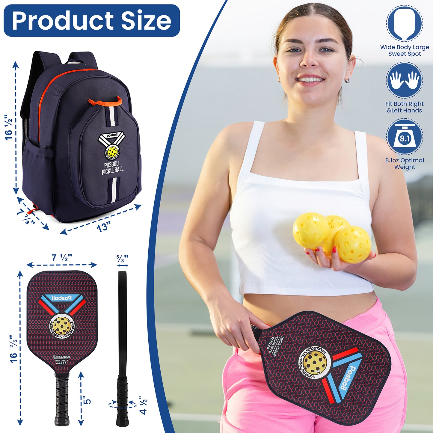 Posboll Pickleball Paddles Set Of 2 With Pickleball Bag Backpack