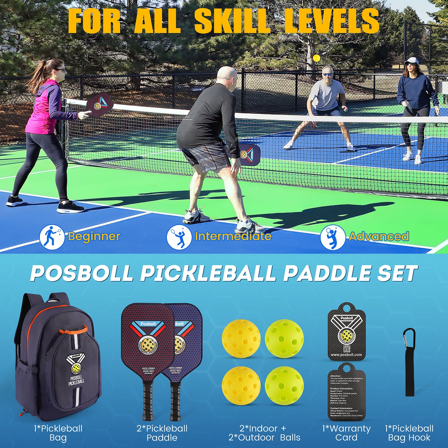 Posboll Pickleball Paddles Set Of 2 With Pickleball Bag Backpack