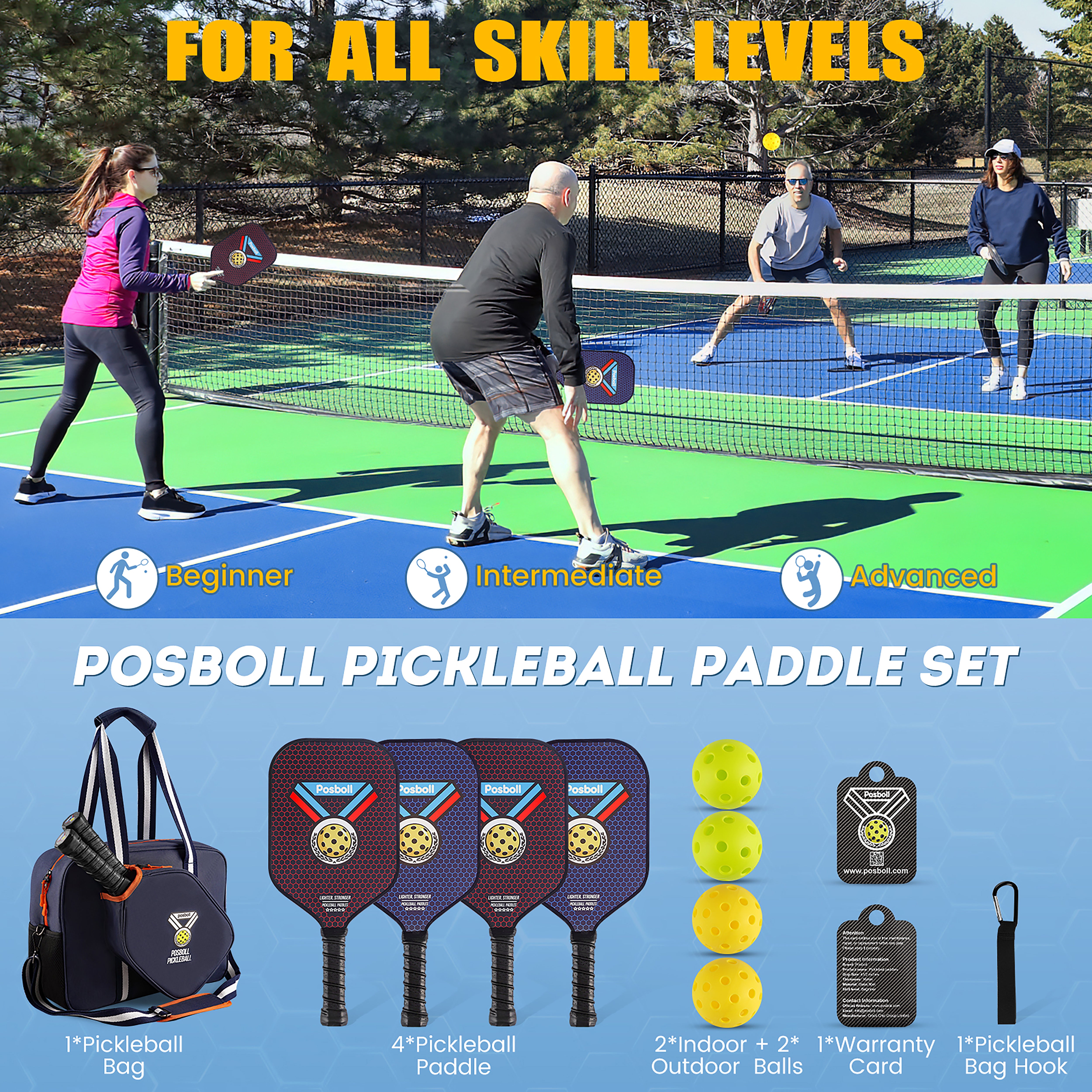 Posboll Pickleball Paddles Set Of 4 With Pickleball Bag Tote