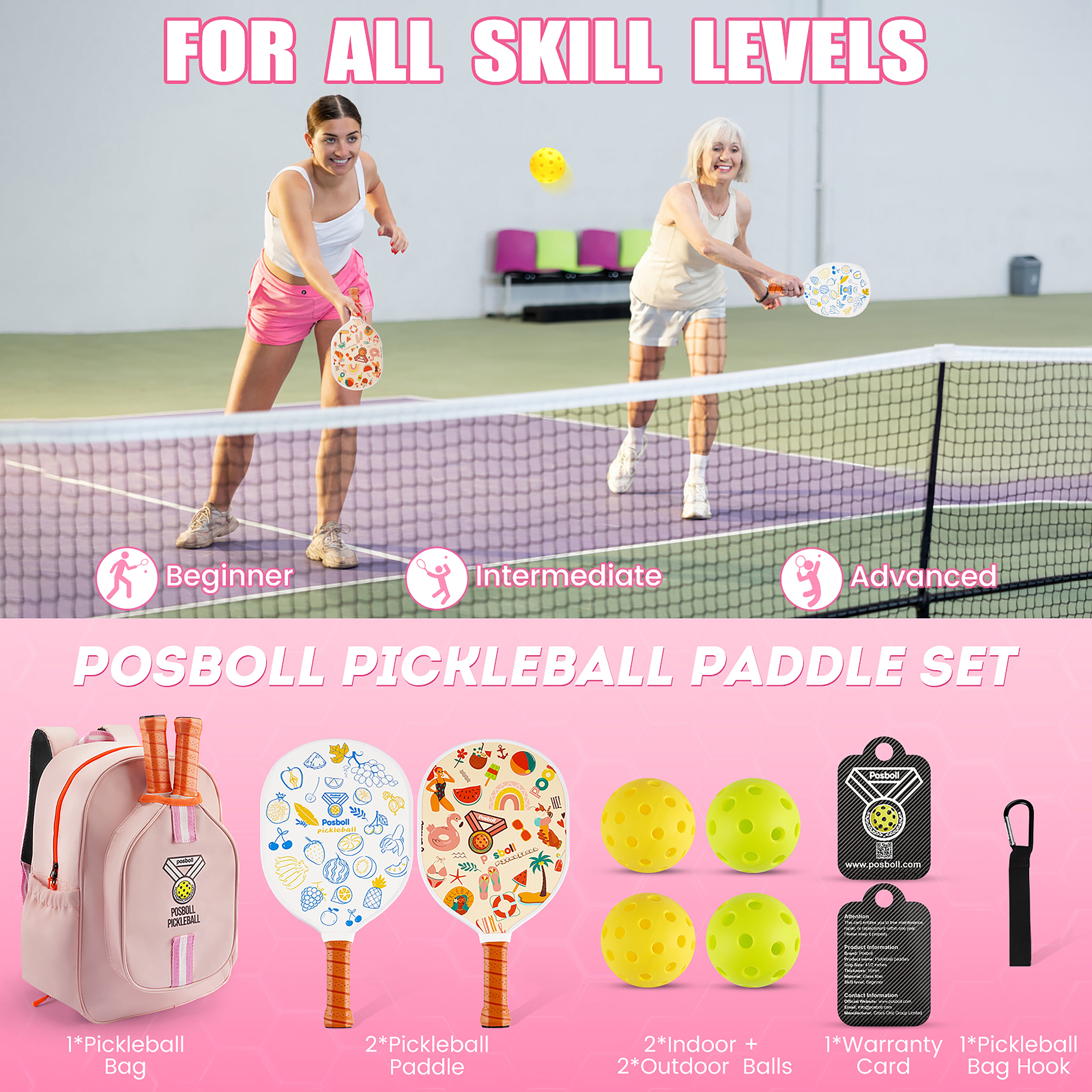 Posboll Pickleball Paddles Set Of 2 Pack With Pink