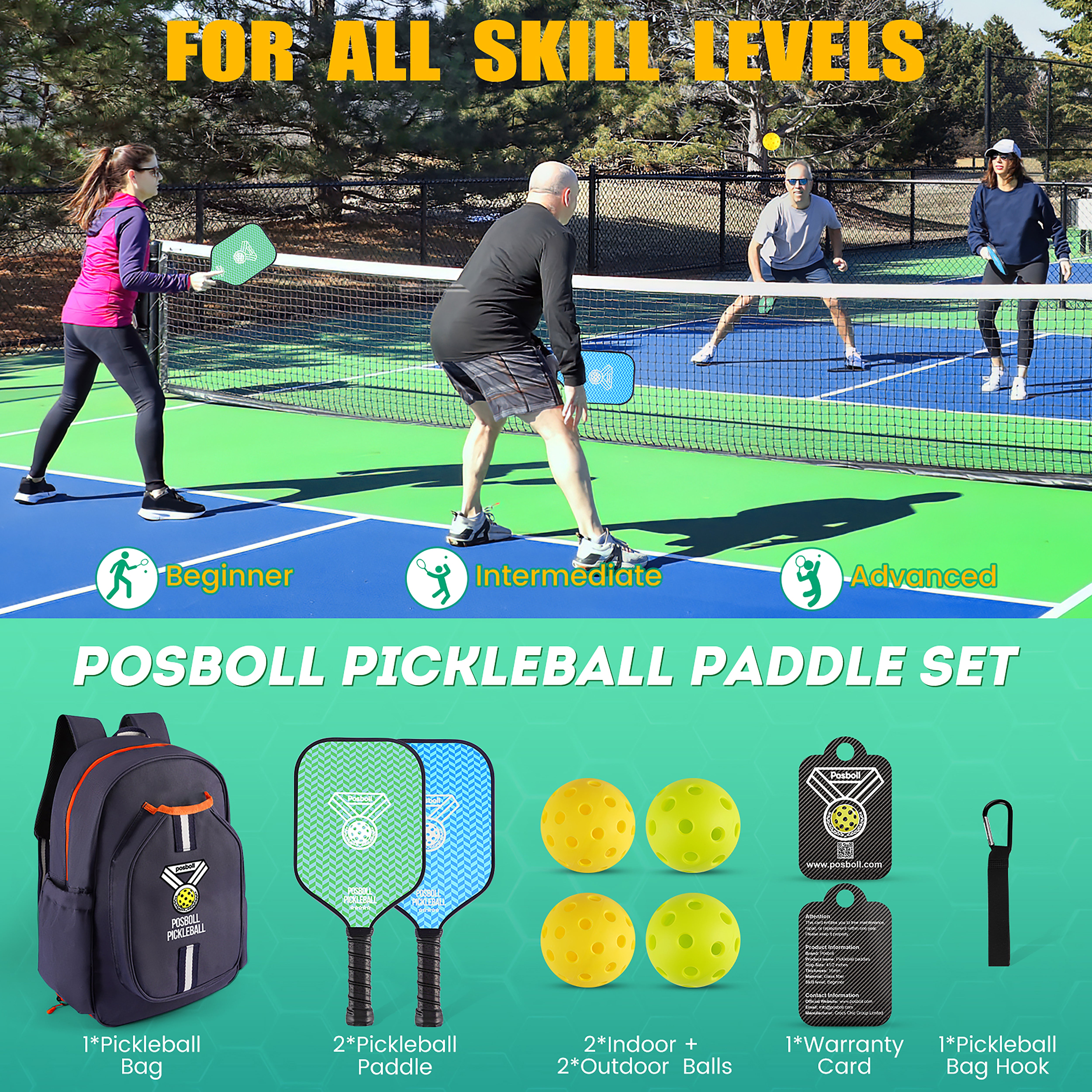 Posboll Pickleball Paddles Set Of 2 With Pickleball Bag Backpack