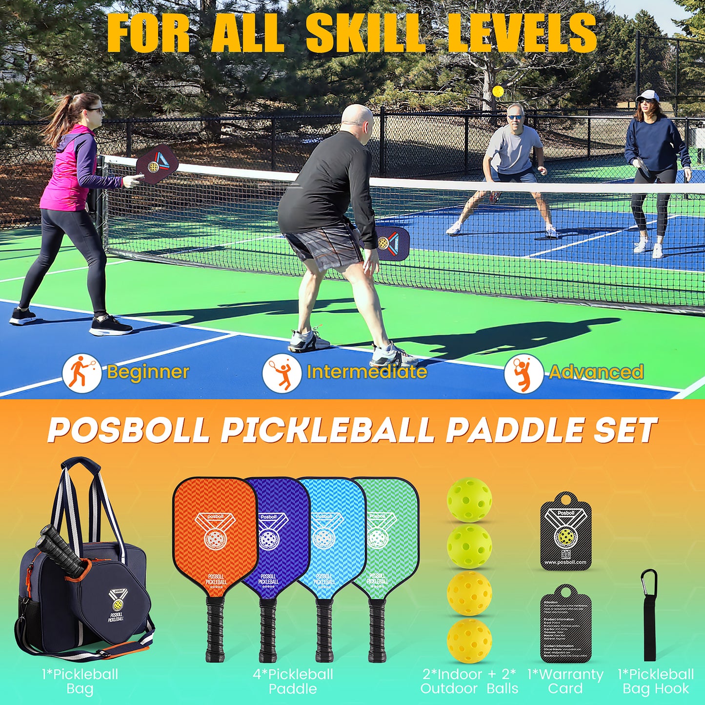 Posboll Pickleball Paddles Set Of 4 With Pickleball Bag Tote