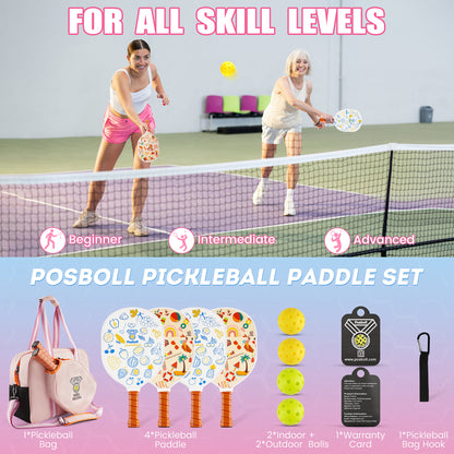 Posboll Pickleball Paddles Set Of 4 Pack With Pink Pickleball Bag Tote