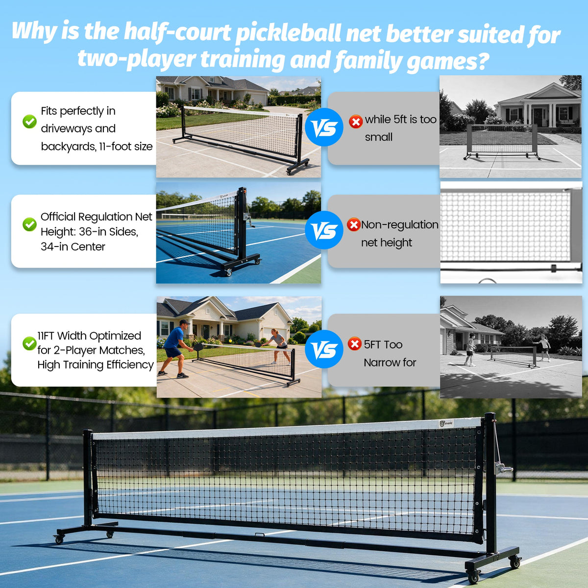 Half‑Court Pickleball Net,11FT/10FT Pickle Ball Net with Tension System - Posboll store