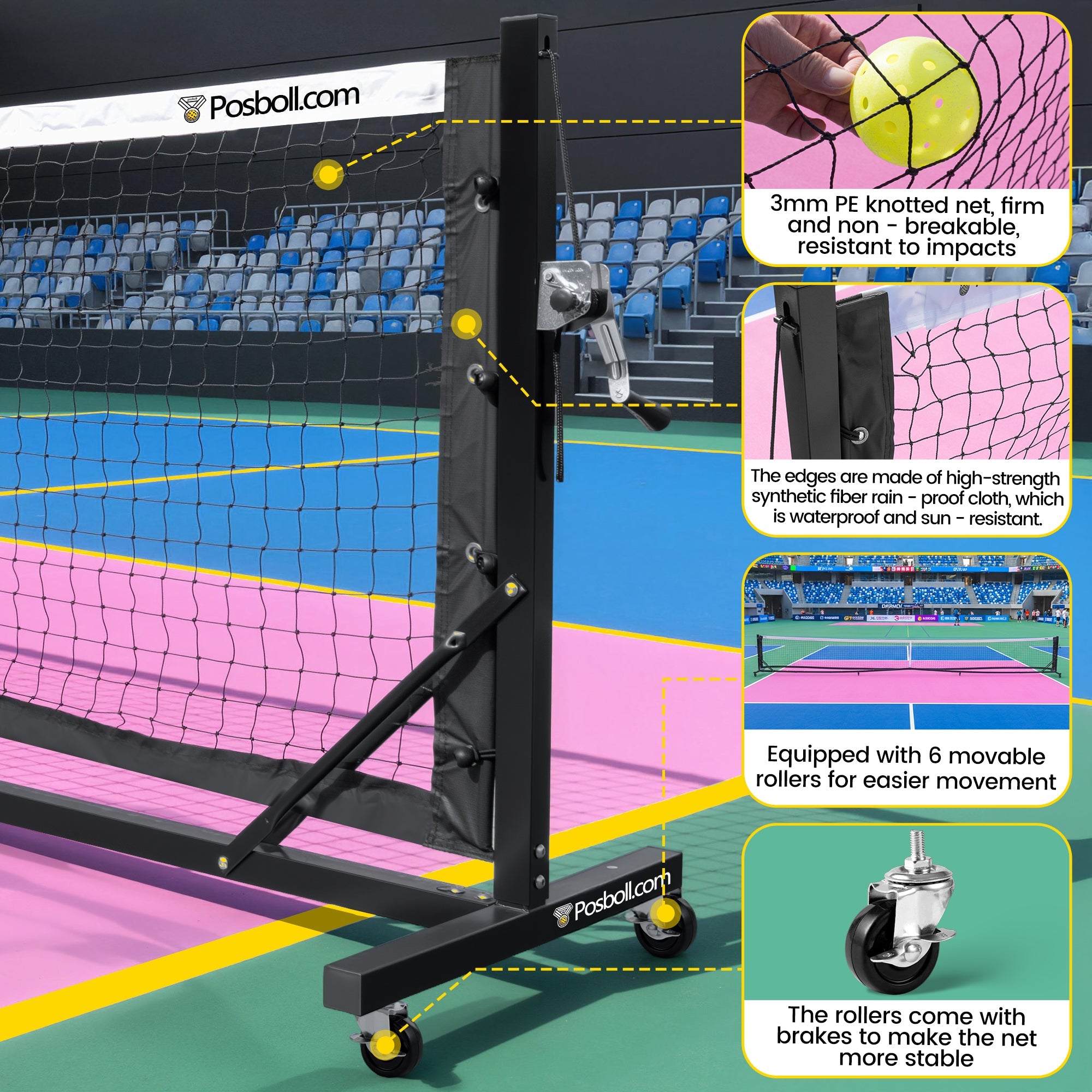 Heavy Duty Portable Pickleball Net with Steel Cable Tensioning System, 22ft - Easy Movement - Posboll store
