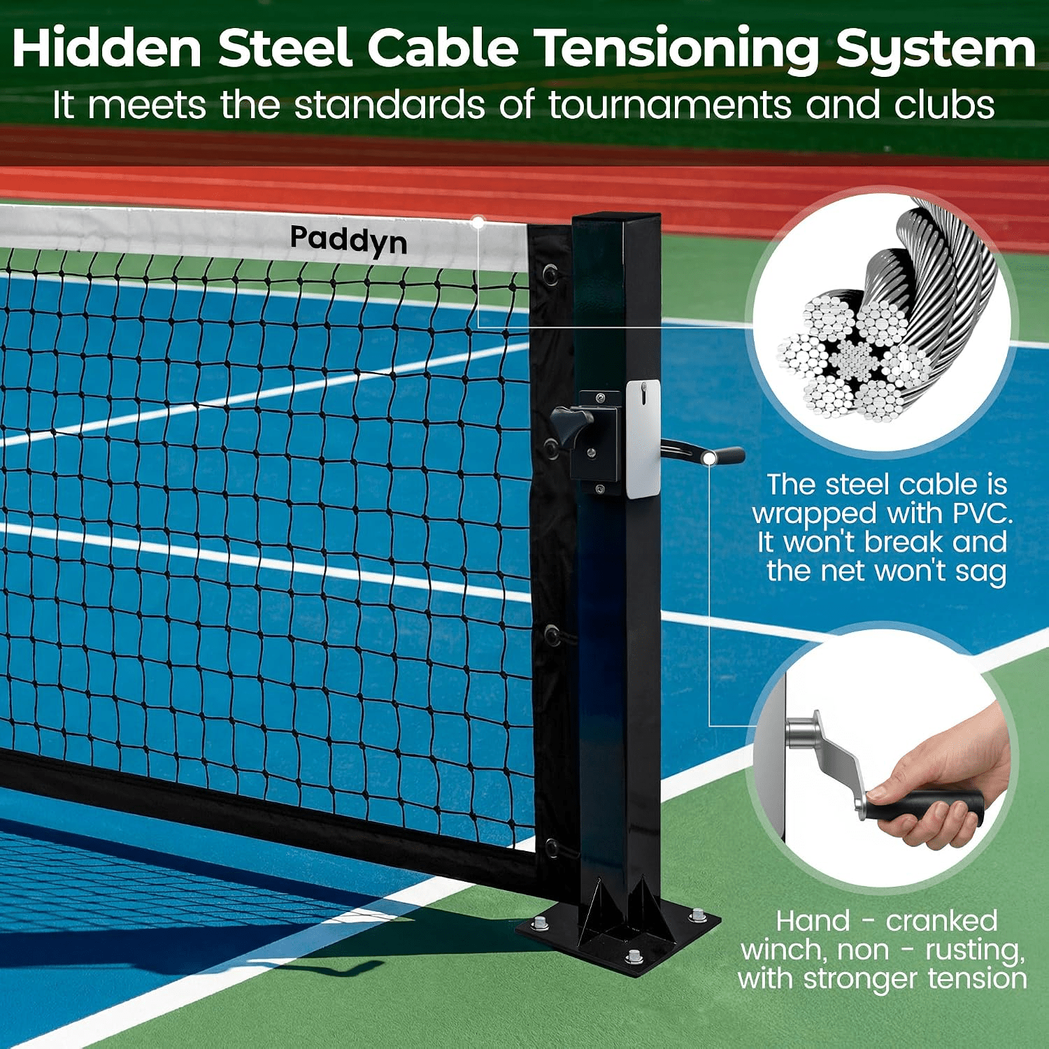 Permanent pickleball net-22FT Pro Tournament Pickle Ball Net with Steel Cable Tensioning System&Wheels,Heavy-Duty Pickleball net for Driveway/Backyard/Club/School - Posboll store