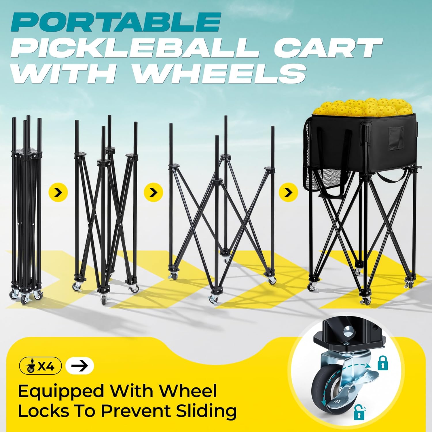 Pickleball Cart With Wheels, Foldable Tennis Ball Hopper Basket, Lightweight Ball Caddy With Zippered Mesh Lid, Portable Sports Ball Storage For Outdoor Court, Home Training, Kids Youth Adults - Posboll store