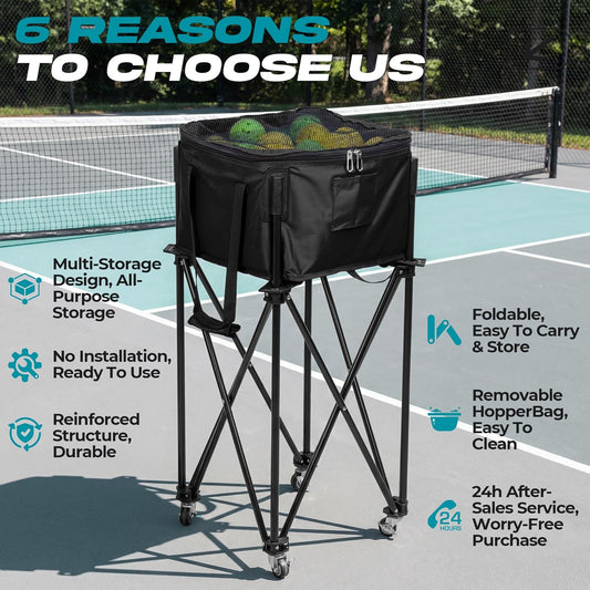 Pickleball Cart With Wheels, Foldable Tennis Ball Hopper Basket, Lightweight Ball Caddy With Zippered Mesh Lid, Portable Sports Ball Storage For Outdoor Court, Home Training, Kids Youth Adults - Posboll store