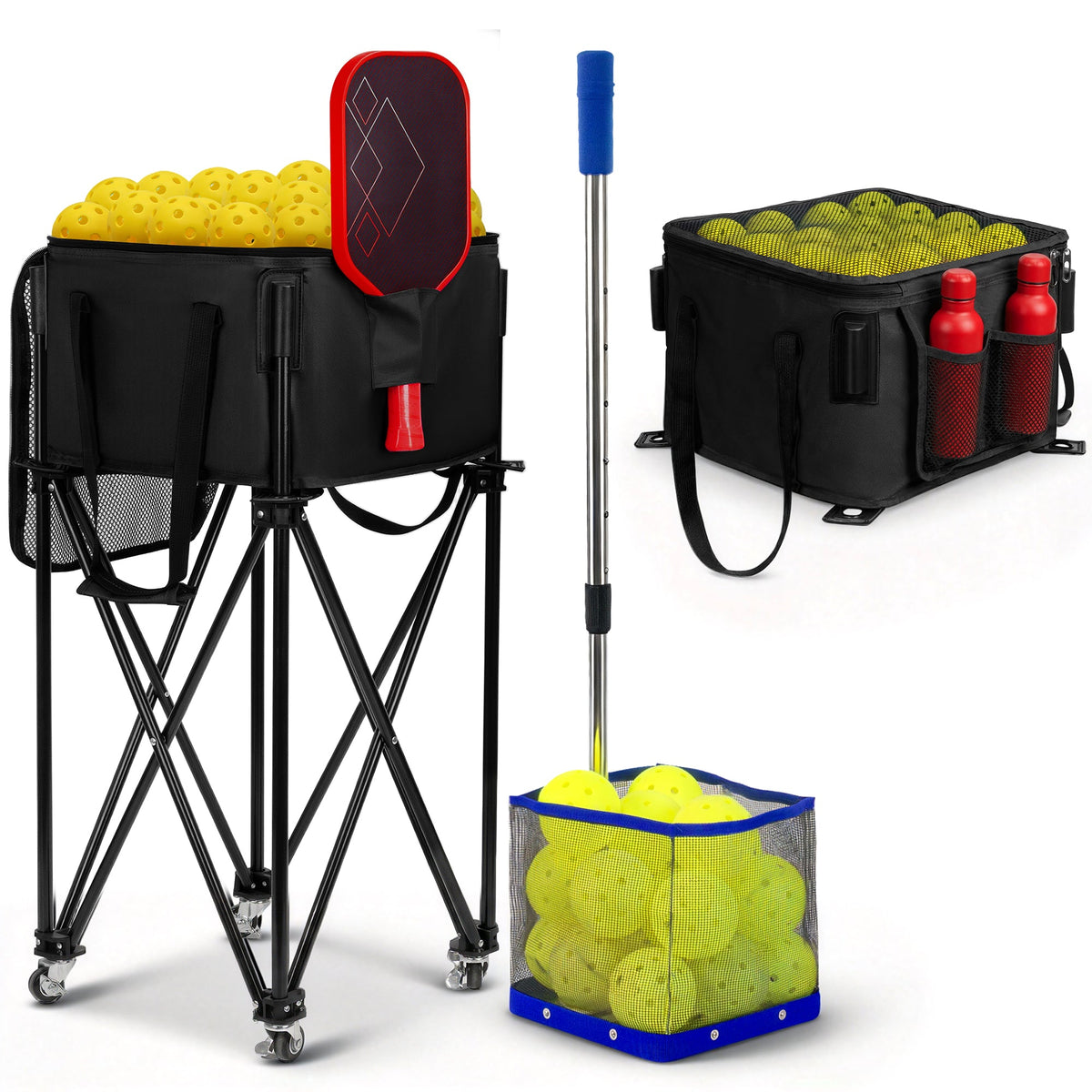 Pickleball Hopper & Pickleball Picker Upper Combo Set - Rolling Pickle ballBasket with Wheels Holds 150 Pickle balls or Tennis Balls, FoldableLightweight Pickle ball Caddy - Posboll store