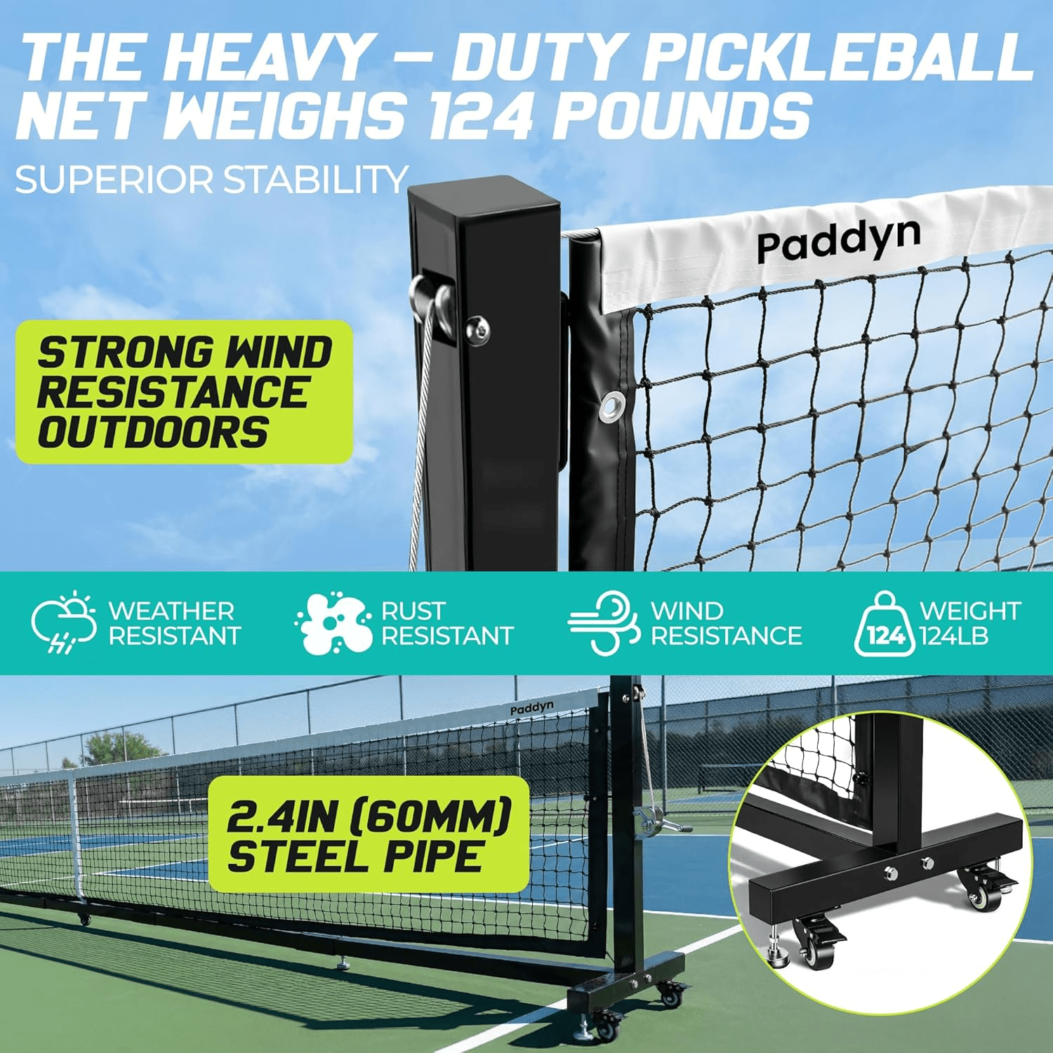 Pickleball Net Portable Outdoor with Wheels-22FT Pro Tournament Pickle Ball Net with Steel Cable Tensioning System,124LBS Heavy-Duty Pickleball net for Driveway/Backyard/Club/School - Posboll store