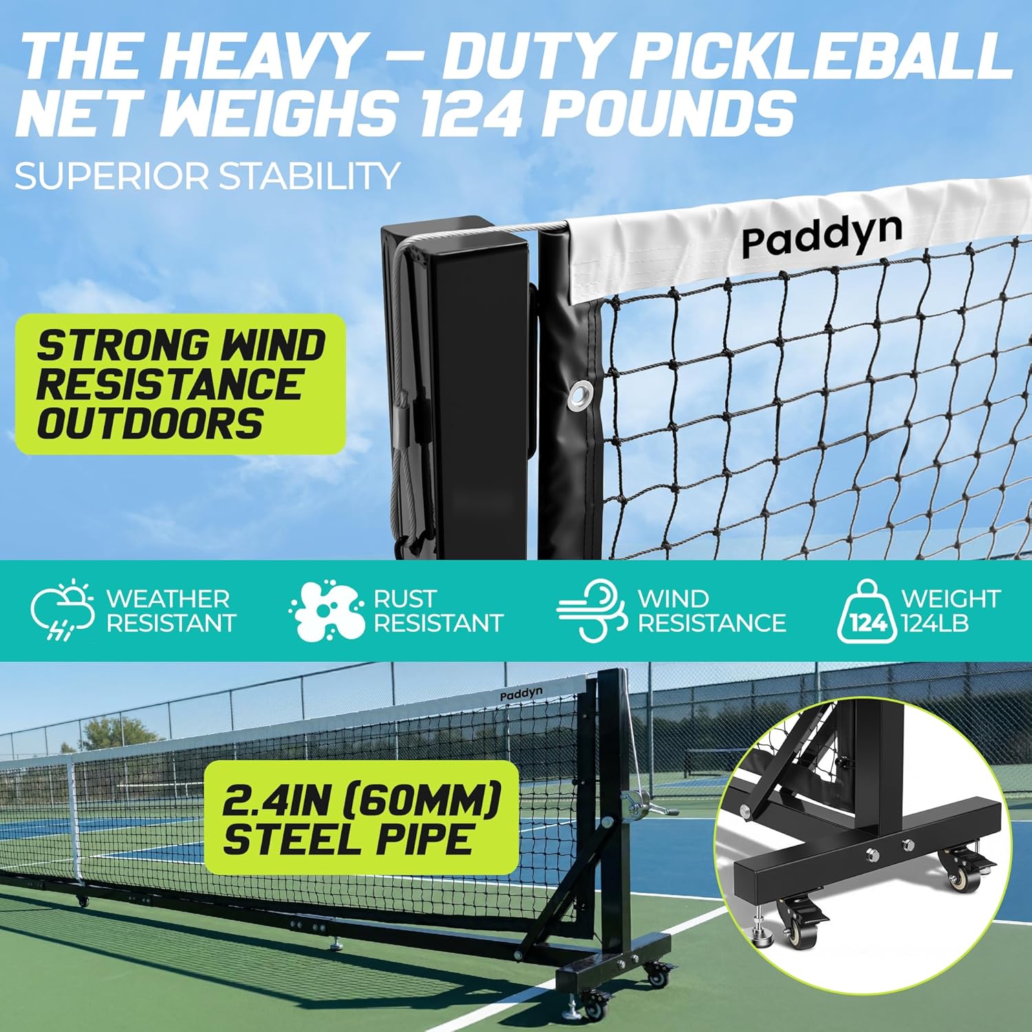 Pickleball Net Portable Outdoor with Wheels - 22FT Pro Tournament Pickle Ball Net with Steel Cable Tensioning System,124LBS Heavy - Duty Pickleball net for Driveway/Backyard/Club/School - Posboll store