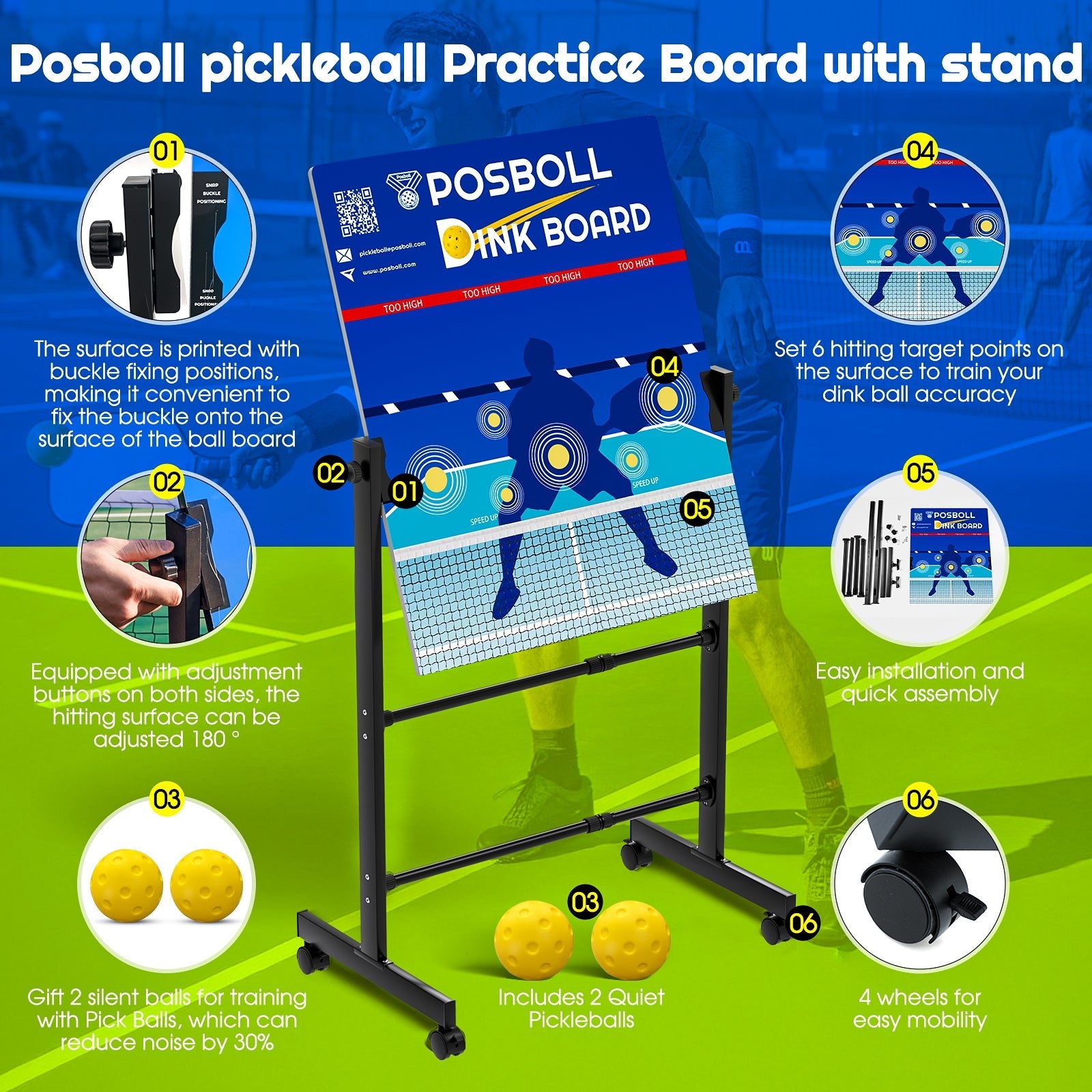 Pickleball Practice Board Pickleball Dink Rebounder with Stand Pickleball Wall for Practice Dink Board for Pickleball Training Adjustable Pickleball Practice Rebounder Pad Portable Dink Guru - Posboll store