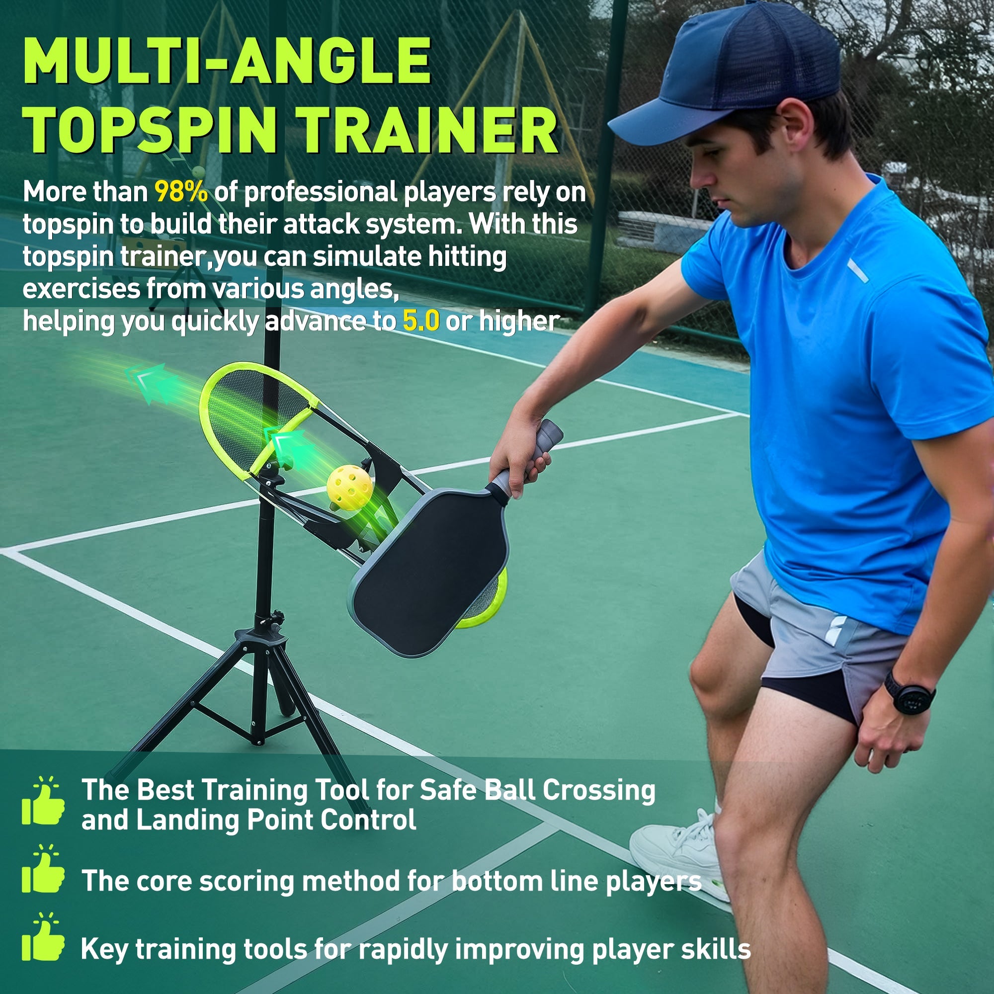 Pickleball Topspin Trainer,Tennis&Pickleball Practice Tool with 360° Angles and Height Adjustment, Portable Pickle Ball Training Equipment No - Pick - Up Design for Indoor/Outdoor Training Brand: WAOPSO - Posboll store