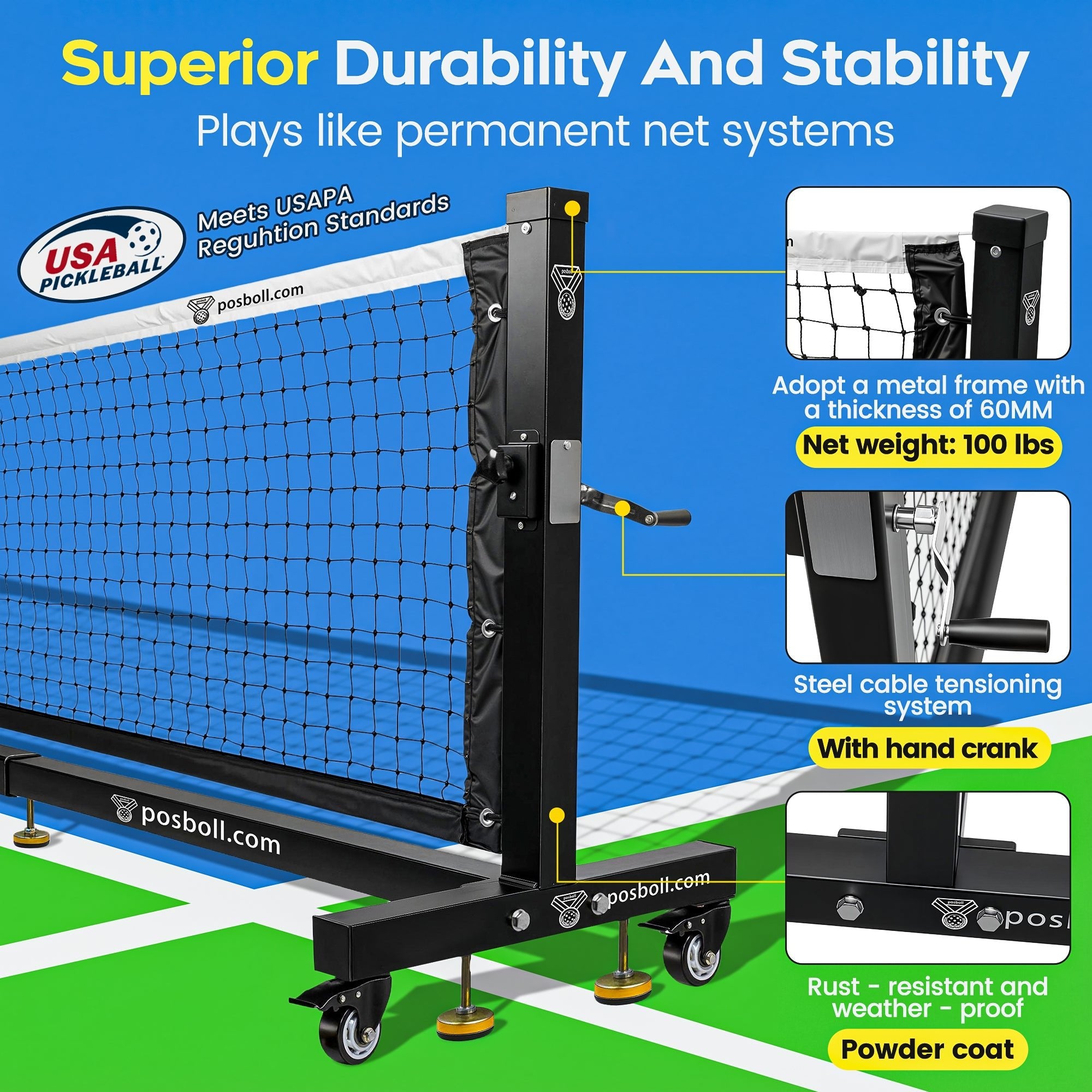 Portable Pickleball Net with Steel Cable Tensioning System - Heavy Duty 22 Feet, Rust - Proof Frame - Posboll store