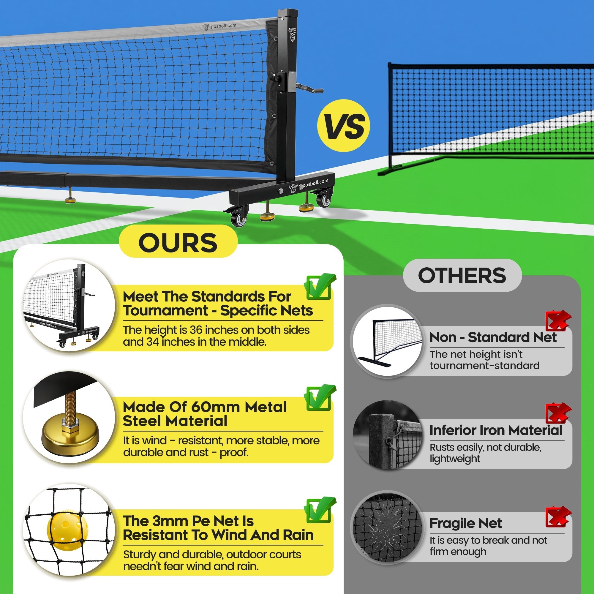 Portable Pickleball Net with Steel Cable Tensioning System - Heavy Duty 22 Feet, Rust - Proof Frame - Posboll store