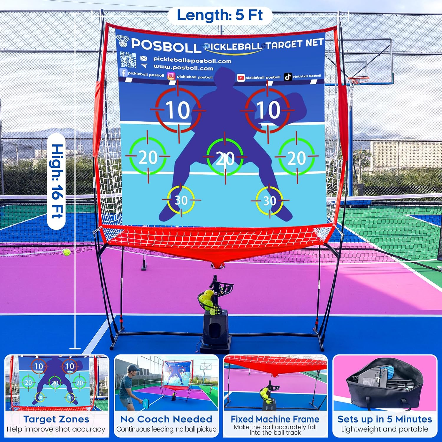 Posboll Pickleball Machine Ball Thrower Tennis Ball Machine with Catch Net - Posboll store