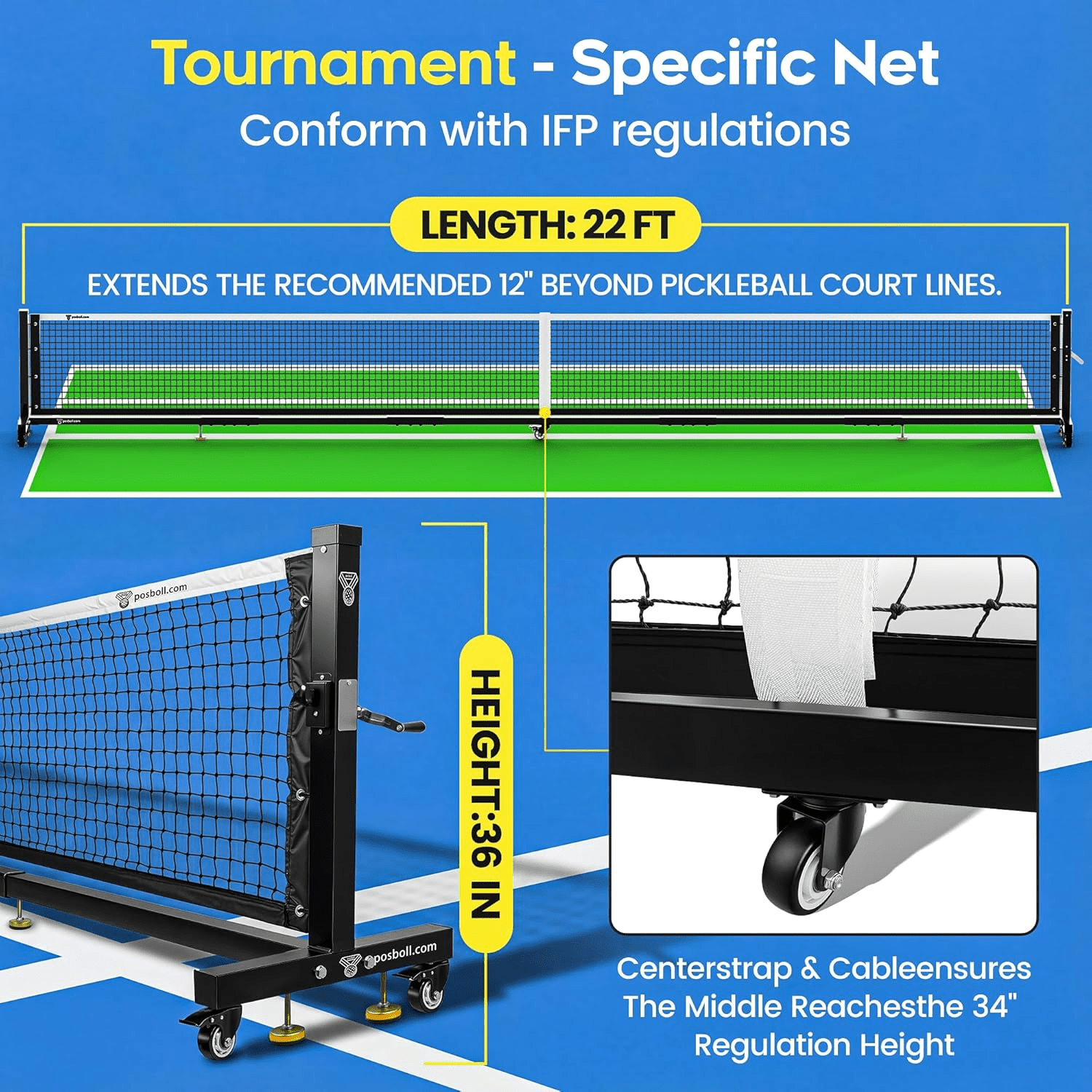 Pro Pickleball Net,Tournament Legal IFP Approved 22ft Outdoor/Indoor Net with Steel Cable Tensioning,Powder Coated Rust - Proof Frame,Portable Pickleball Equipment with Wheels - Posboll store