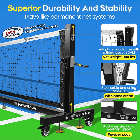 Pro Pickleball Net,Tournament Legal IFP Approved 22ft Outdoor/Indoor Net with Steel Cable Tensioning,Powder Coated Rust - Proof Frame,Portable Pickleball Equipment with Wheels - Posboll store